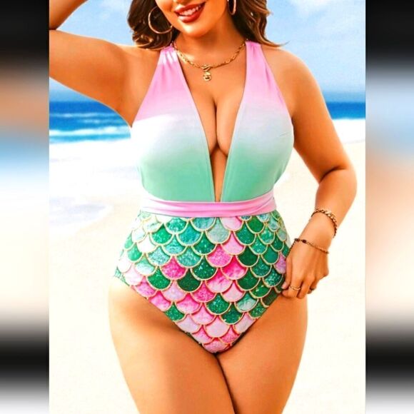 Pink and Green Mermaid Swimsuit Plus 1X - Picture 1 of 3